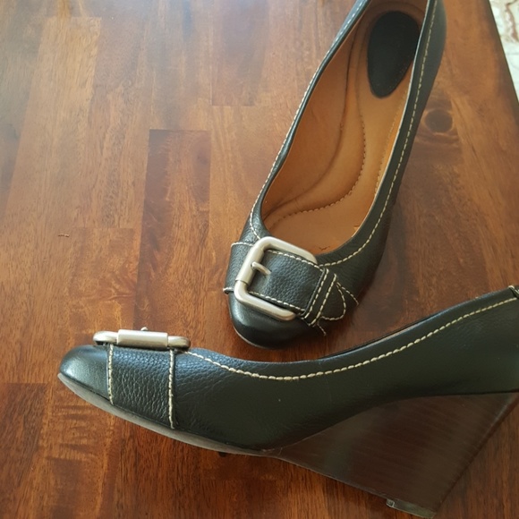 Black leather wedge shoes 10 - Picture 1 of 2
